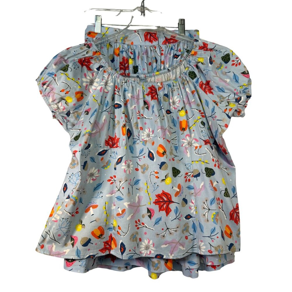Dapper Day Floral Print Skirt & Top Set 4X Light Blue 100% Cotton First Frost